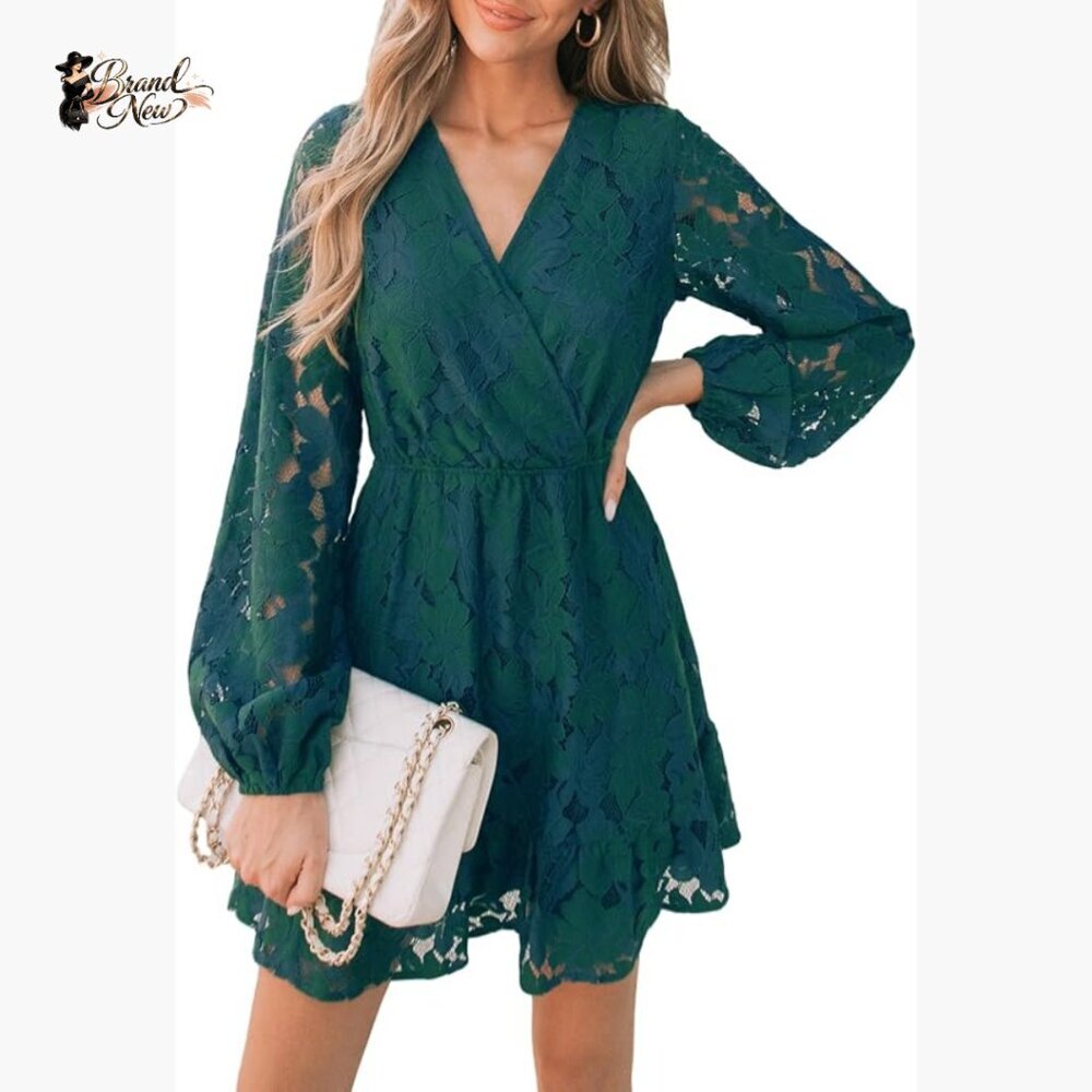 Lace V-Neck Mini Dress With Long Peasant Sleeves, Elastic High Waist, A-Line